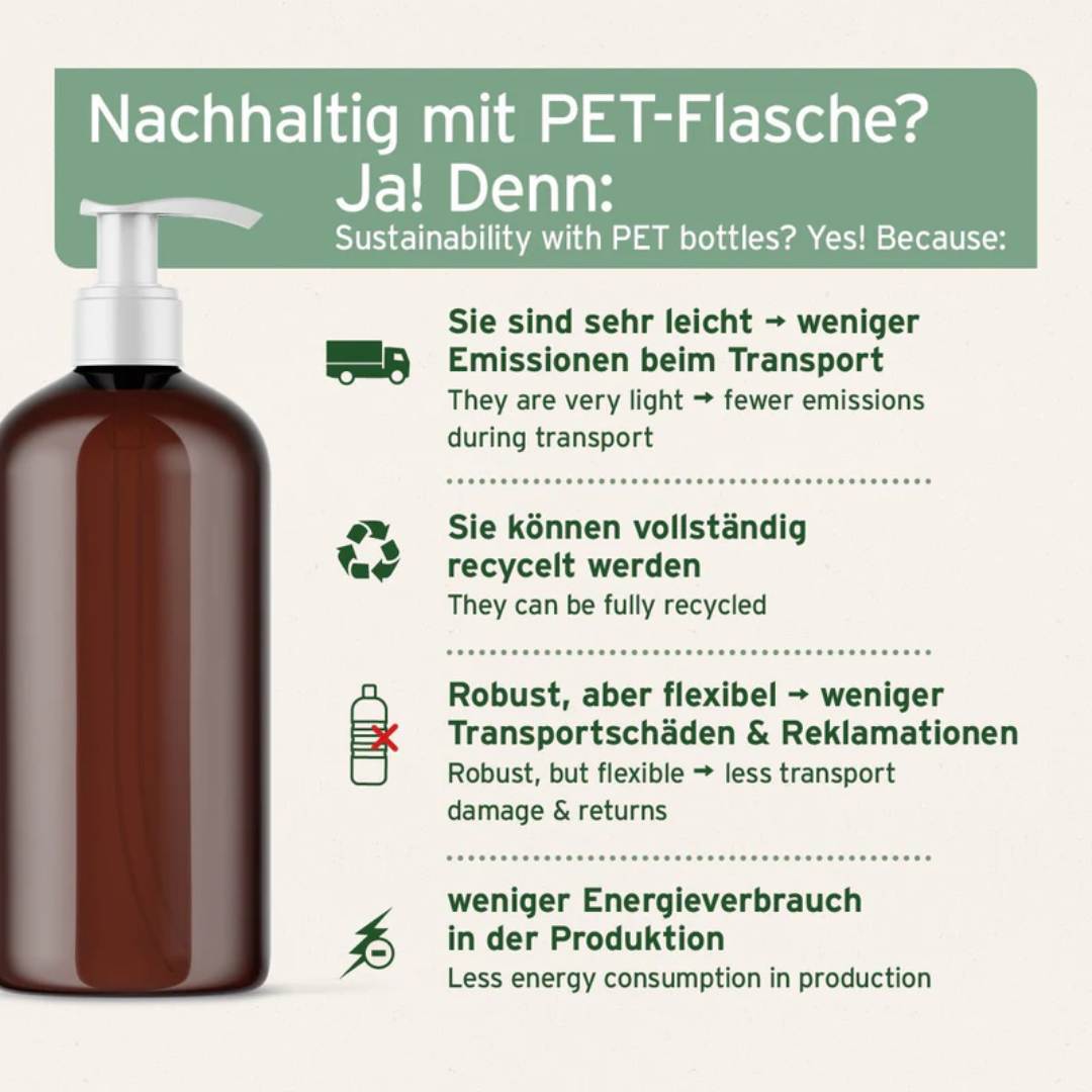 Some key information about the Aniforte cod liver oil PET bottles. Languages in German and English.