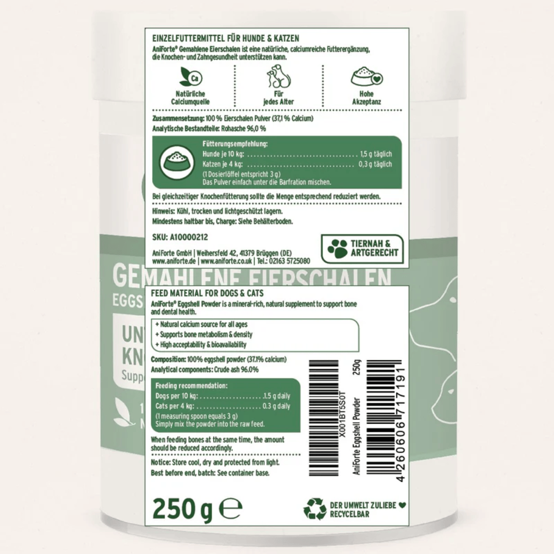 The label from the Aniforte Eggshell powder 250g against a white background