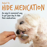 White dog licking peanut butter from a spoon alongside text saying "perfect to hide medication. An easy and convenient way to get your dog to take their medications."
