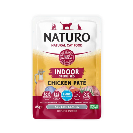 Pouch of Naturo Indoor Sterilised Chicken Pate for cats.