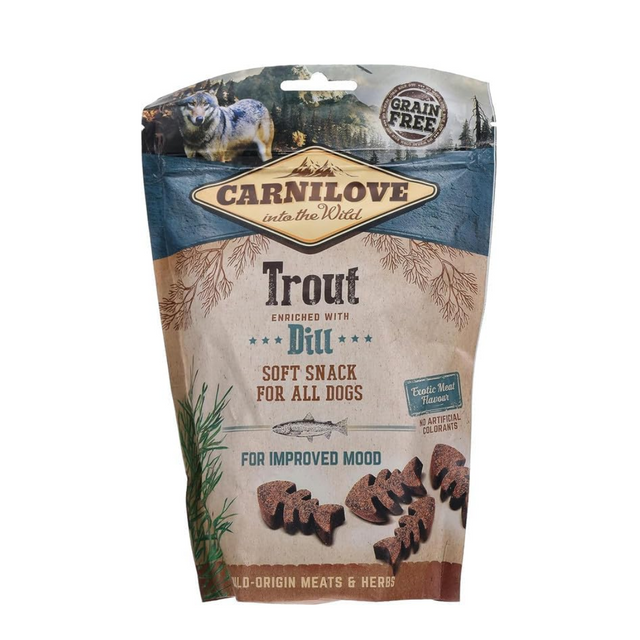 Carnilove Trout with Dill soft snack dog treats. The packaging is against a white background.