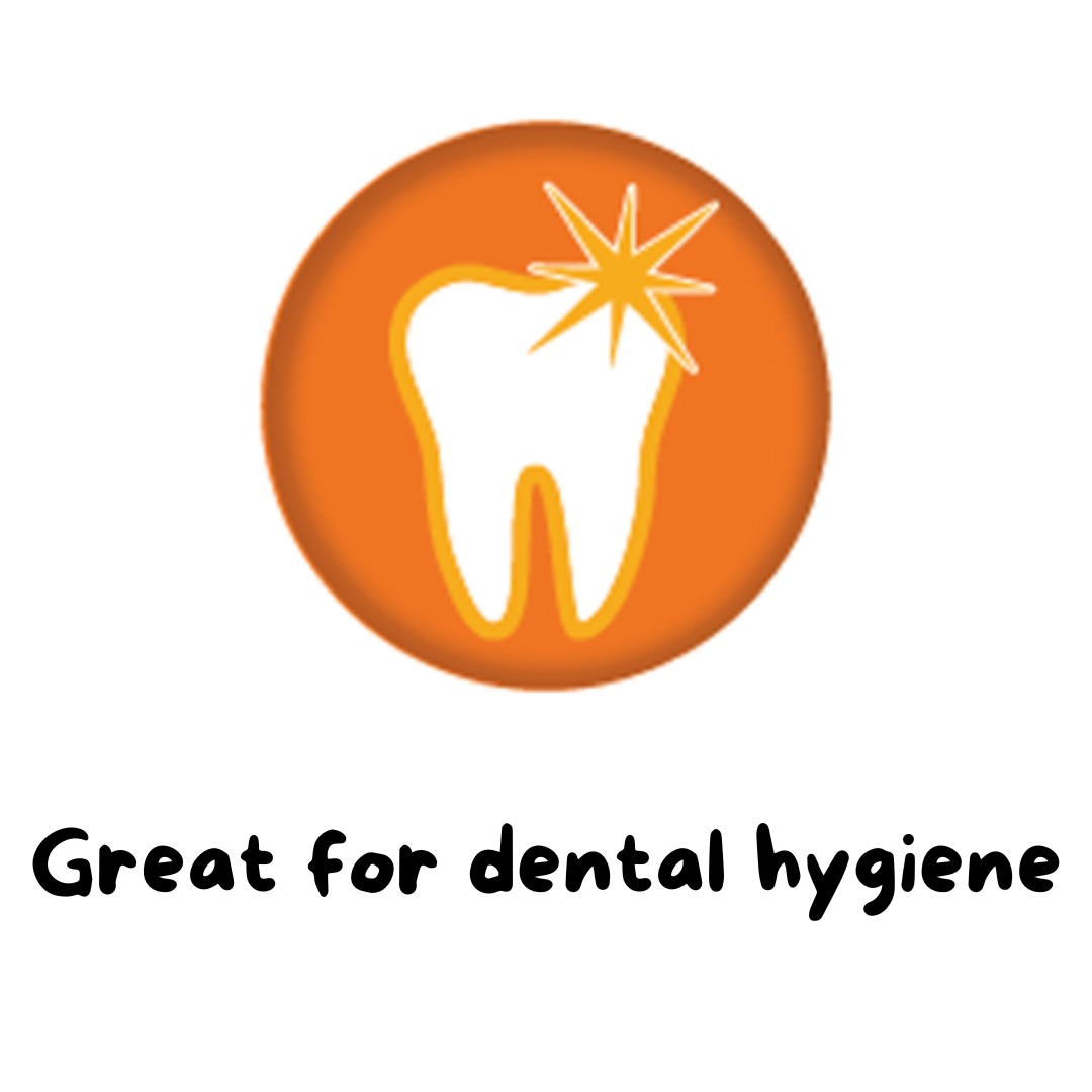 Great for Dental Hygiene written with a orange and white tooth image above.