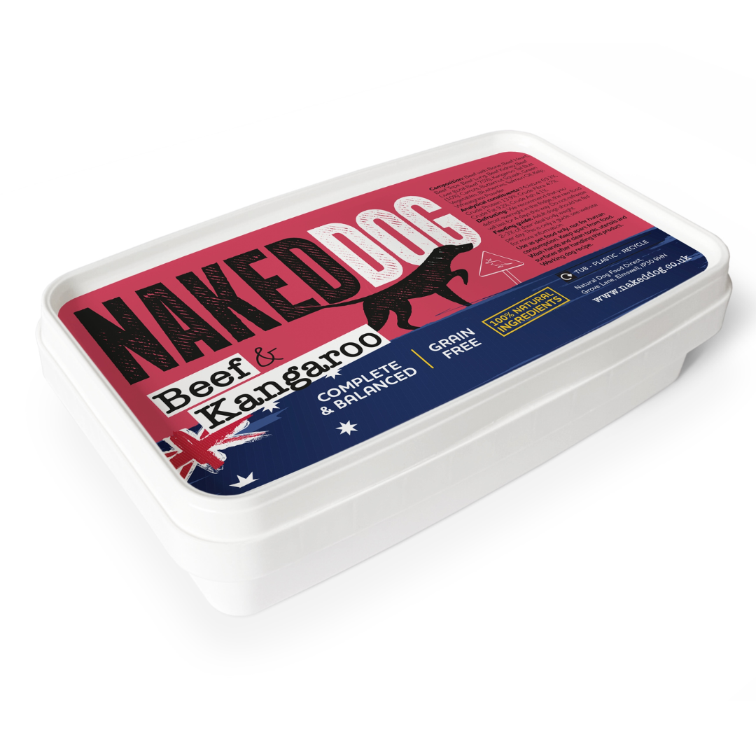 Naked Dog Raw Original Beef & Kangaroo Raw food. Against a white background.