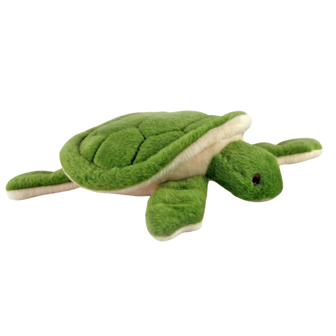 The Fluff & Tuff Esmerelda Turtle Plush Dog Toy against a white background. It is green in colour with black stitching to mimic that of a turtle shell. The underside of the shell and legs are beige.