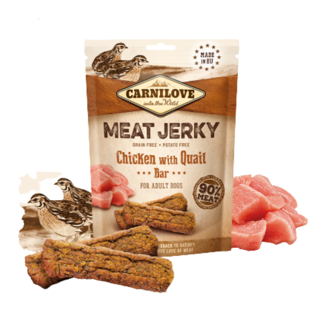 The Carnilove Chicken with Quail jerky, the packaging, some treats, fresh meat and images of Quail birds all against a white background.