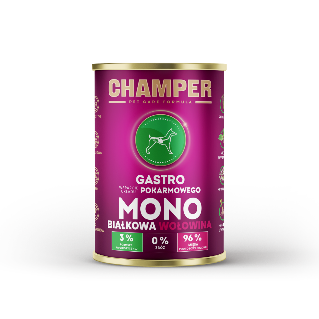 Single protein beef can of Champer Gastrow wet dog food.