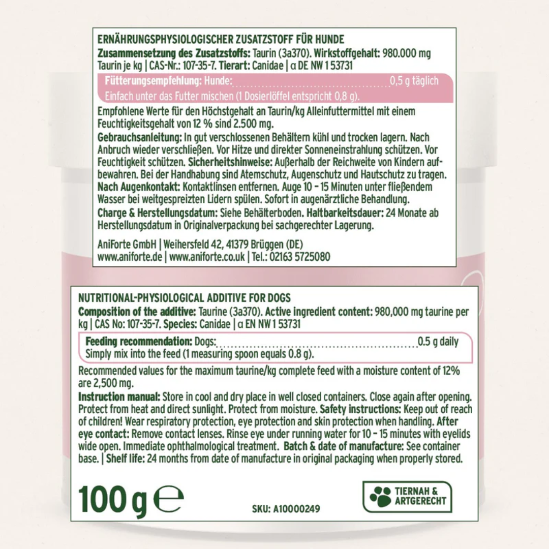The label from the Aniforte Taurine Power for dogs container