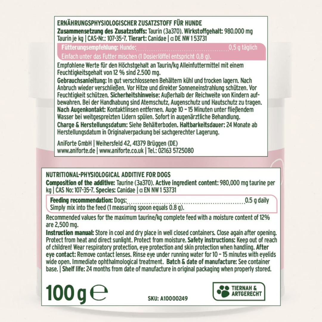 The label from the Aniforte Taurine Power for dogs container