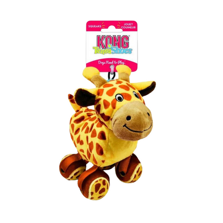 Kong Tennis Shoes Giraffe dog toy attached to cardboard kong label.