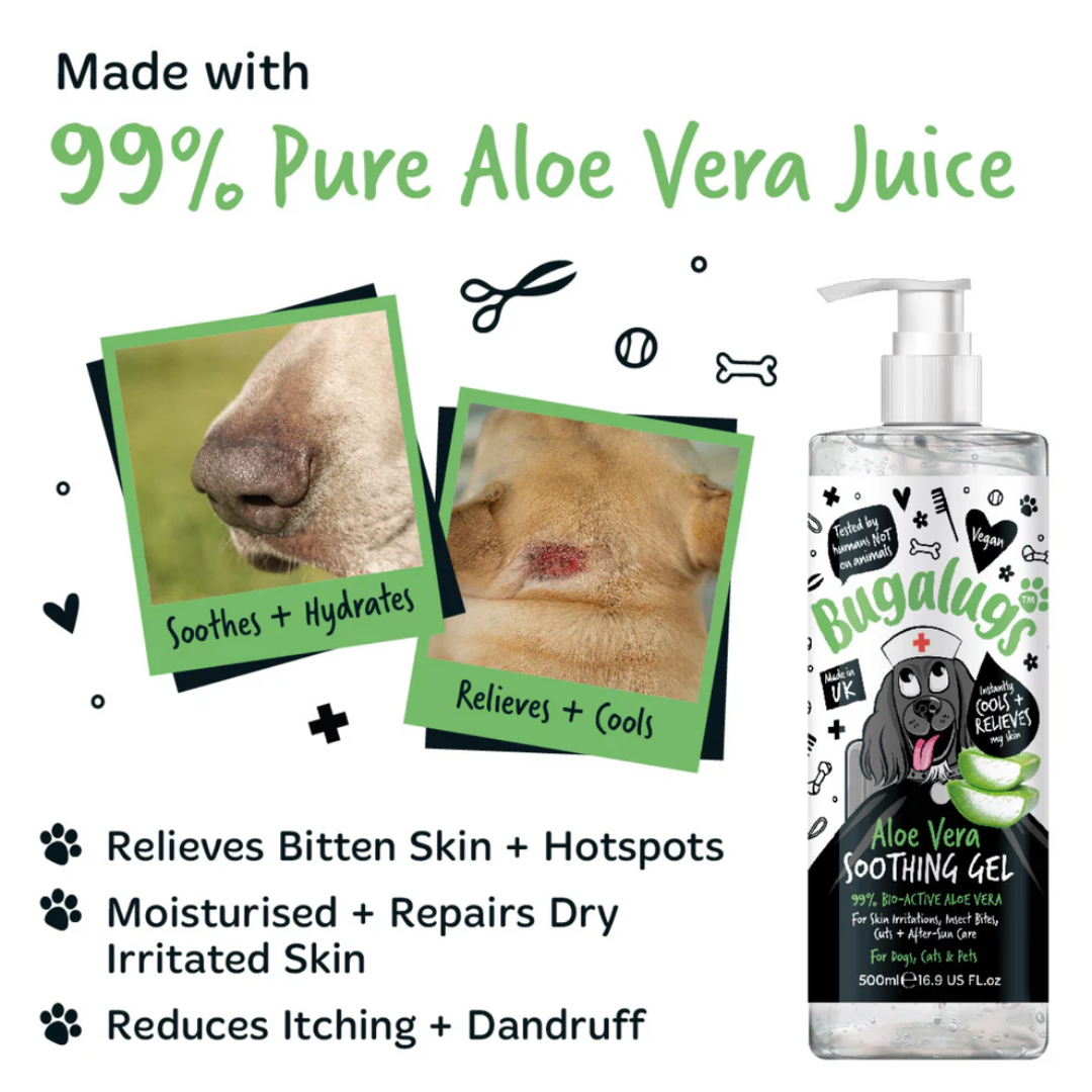 Infographic from the Bugalugs website of their Aloe Vera gel. Listing some uses