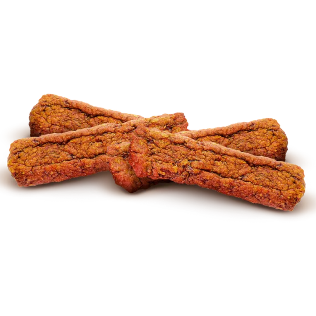 The Carnilove Chicken and Wild Boar Jerky displayed loose against a white background.