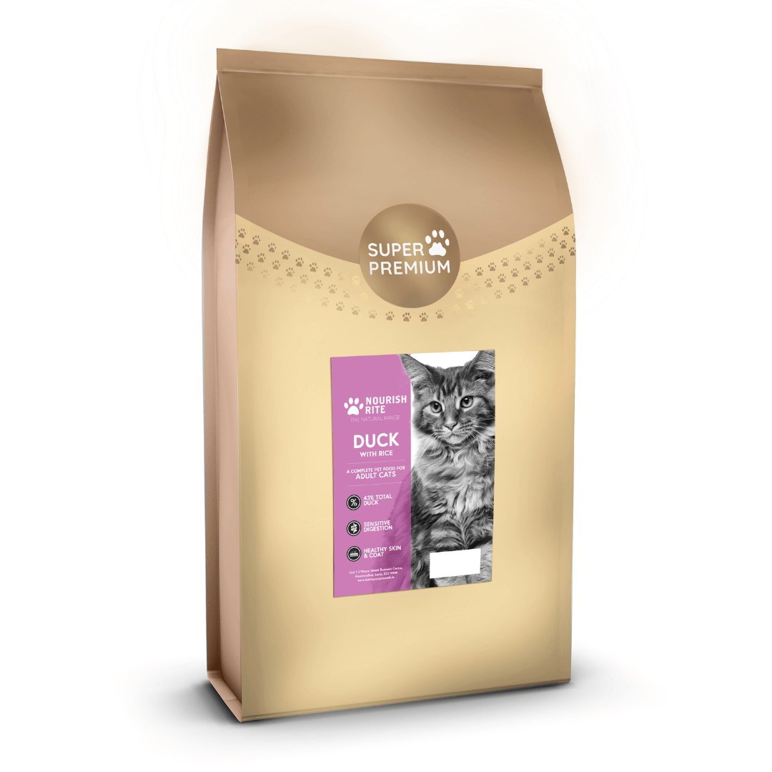 A bag of Nourish Rite Super Premium Cat Duck dry cat food with an image of a cat on the front.