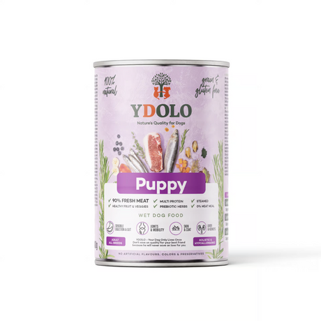 YDOLO Puppy Wet Food 400g tin against a white background.