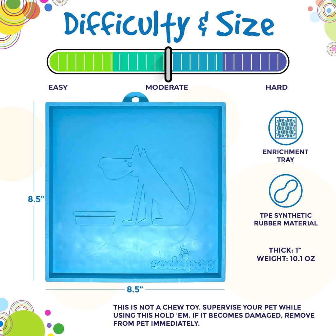 Infographic with details like size, difficulty levels, and warnings for the SodaPup Hold'em Suction Cup Holder