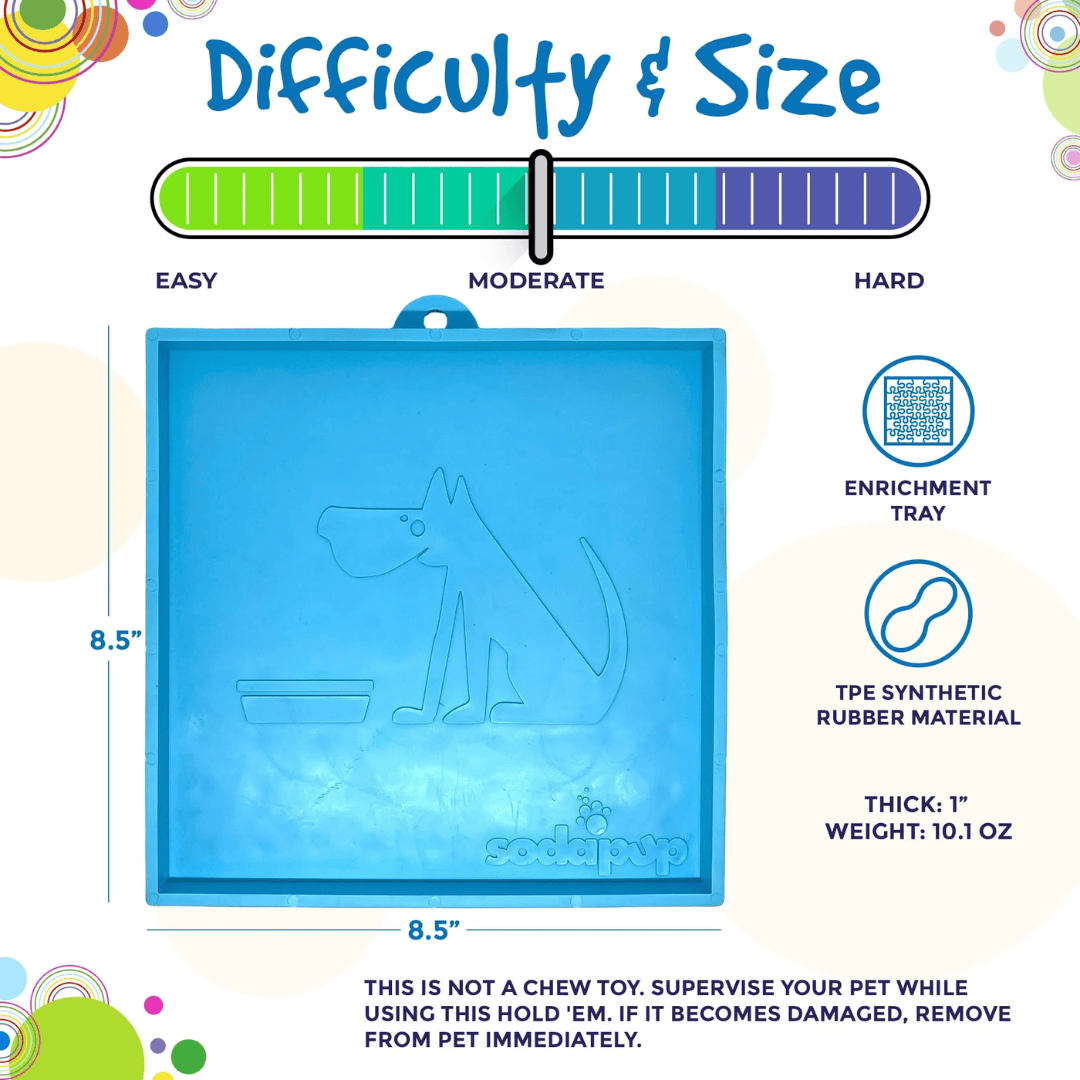 Infographic with details like size, difficulty levels, and warnings for the SodaPup Hold'em Suction Cup Holder