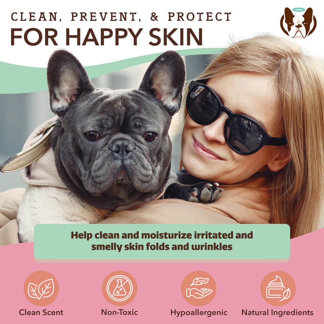 An infographic stating how the Packet of Natural Dog Company Grooming Wipes can be great for wrinkle prone breeds like Pugs, Shar Pei's and bull dogs