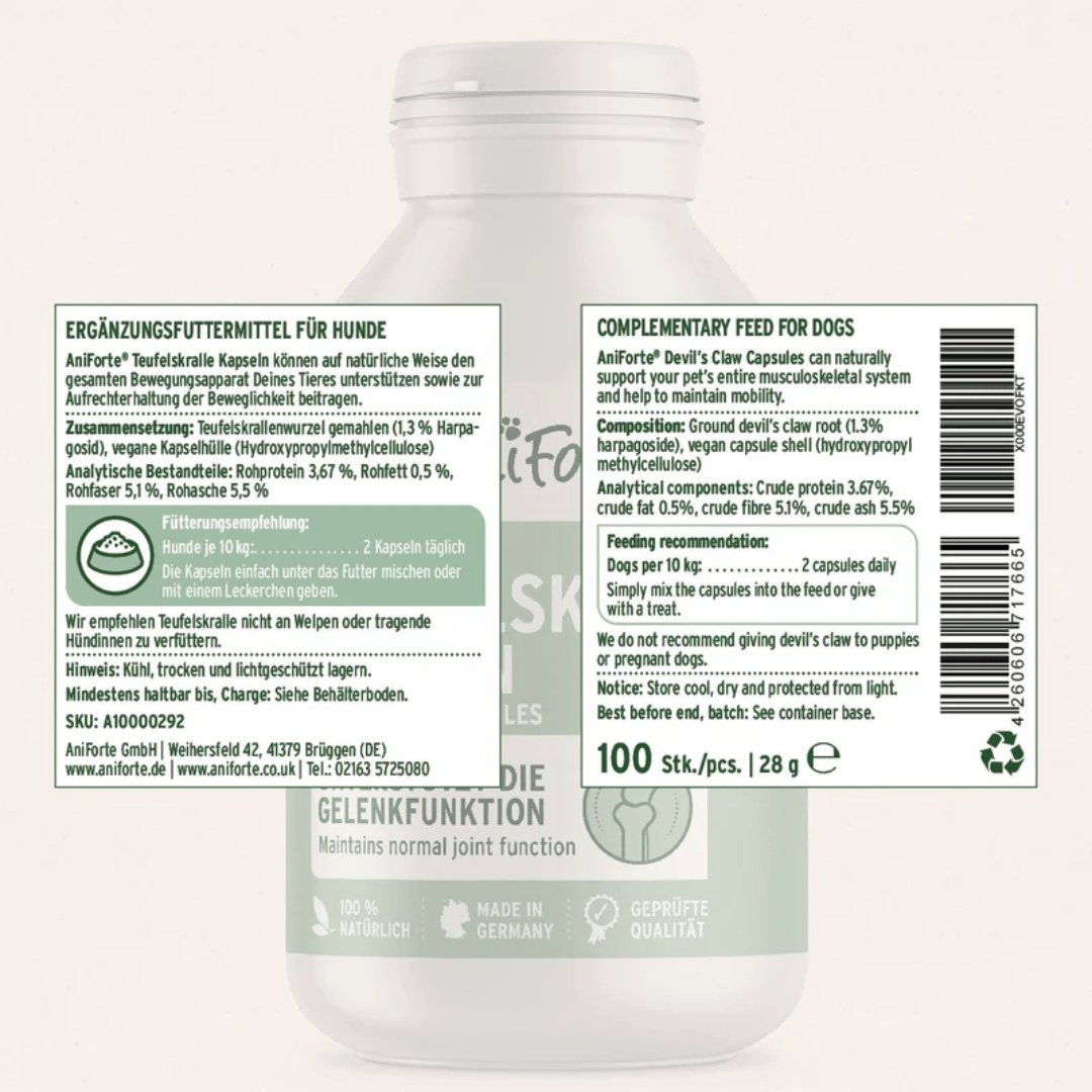 The label off of the Devil's Claw Capsules by Aniforte