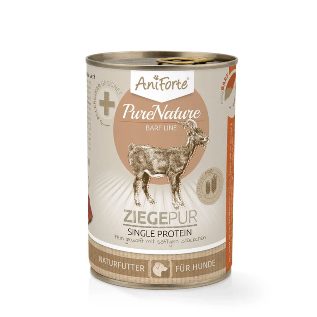A tin of AniForte PureNature Pure Goat wet dog food