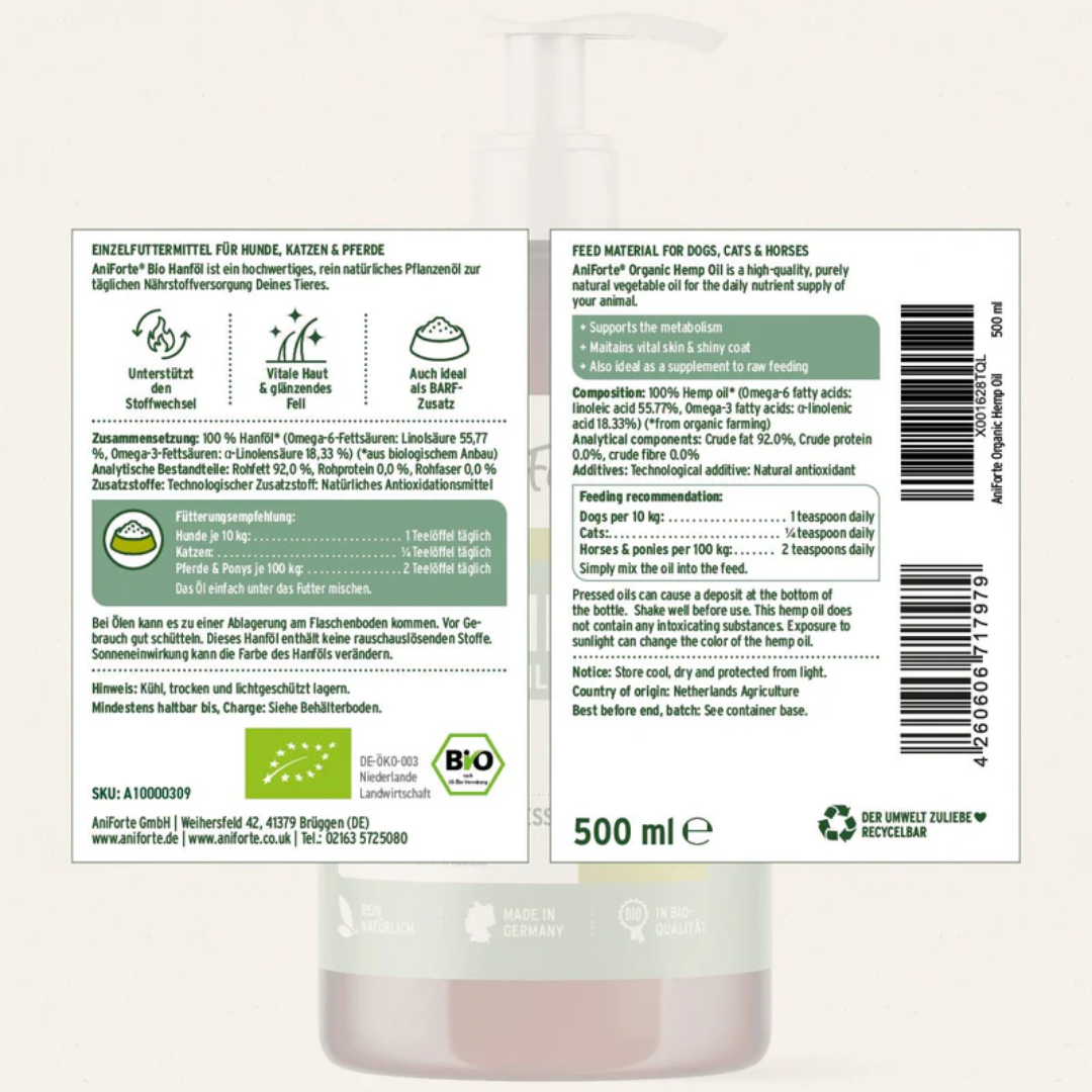 The label off the Aniforte Hemp Oil