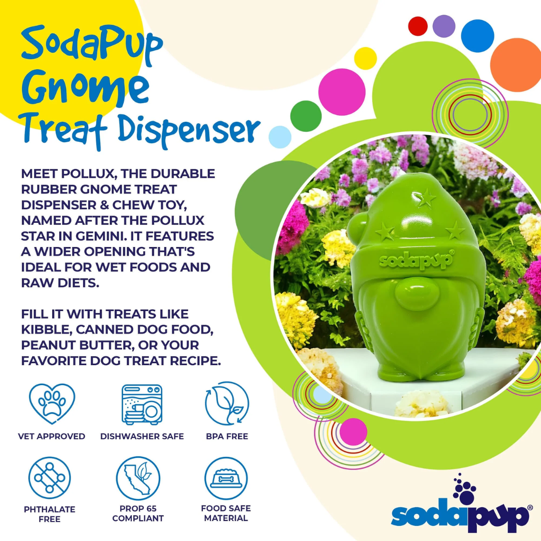 An infographic explaing this product and its features. There is a photo of the SodaPup Gnome Chew and Treat Dispenser beside all the writing