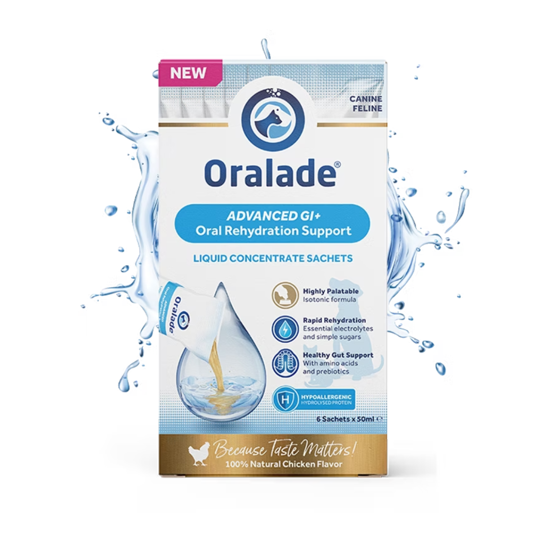 Oralade Advanced GI+ Liquid Concentrate 50ml 6x sachets box, against a white background. There is a splash of water surrounding the box.