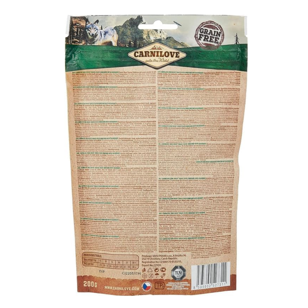 The back of the Carnilove Duck with Rosemary soft snack packaging.