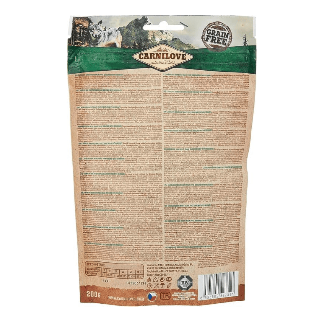 The back of the Carnilove Duck with Rosemary soft snack packaging.