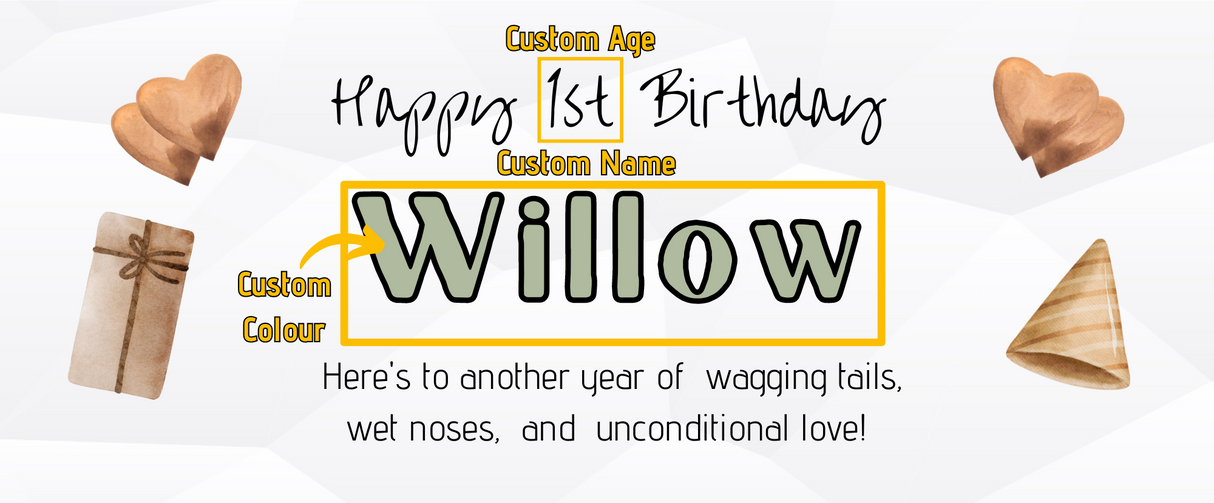 Customisable front label example for the Atlas and Tail BIrthday Treat Box