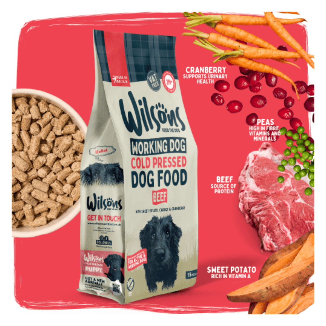 Wilson's Working Dog Cold Pressed Dog Food package with ingredients on a red background
