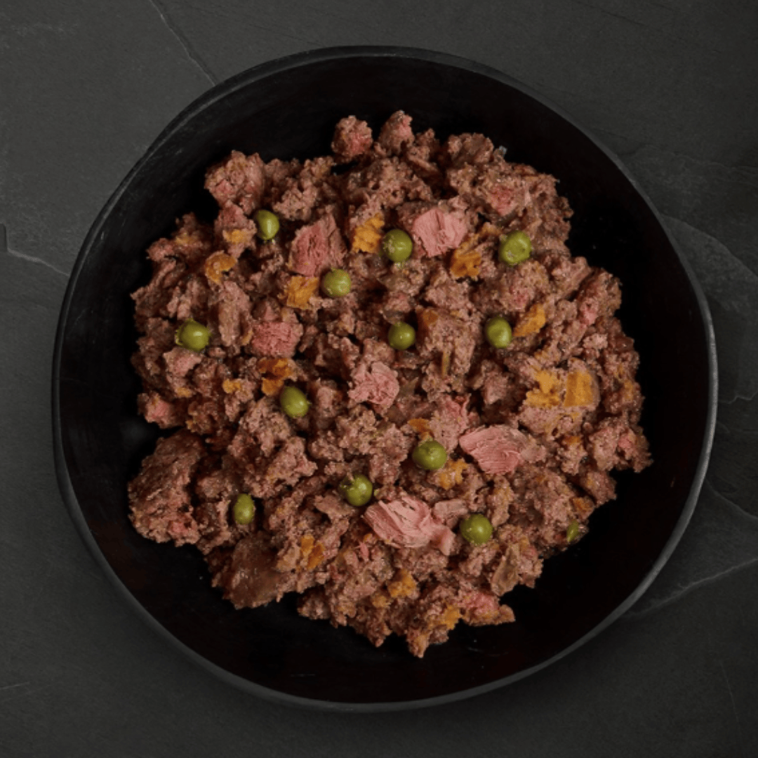 Canagan Senior Feast Wet Dog Food 400g served in a bowl. Chunky, mince like texture with vegetables.