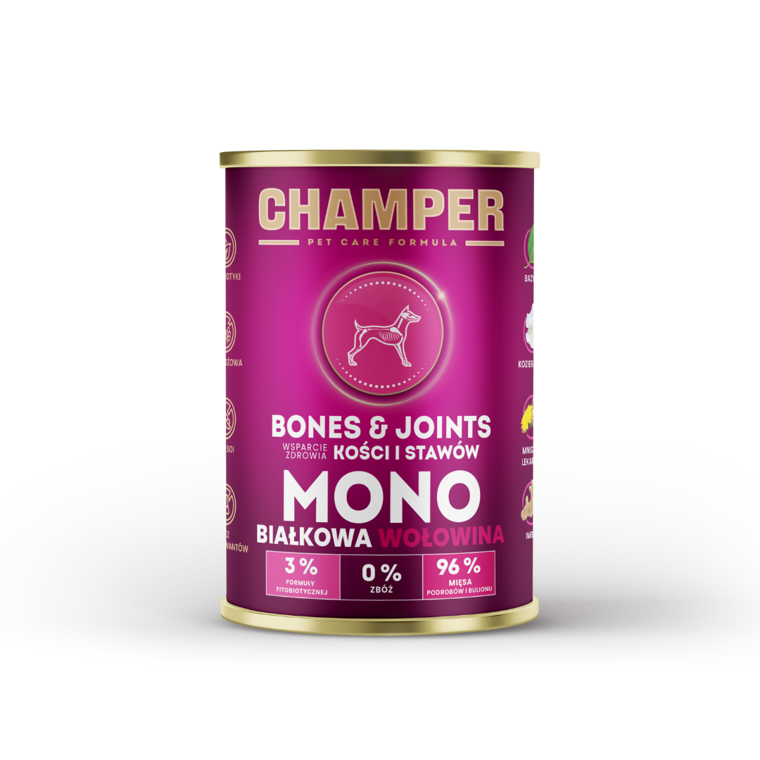 Champer 96% Beef bones and joints wet dog food.