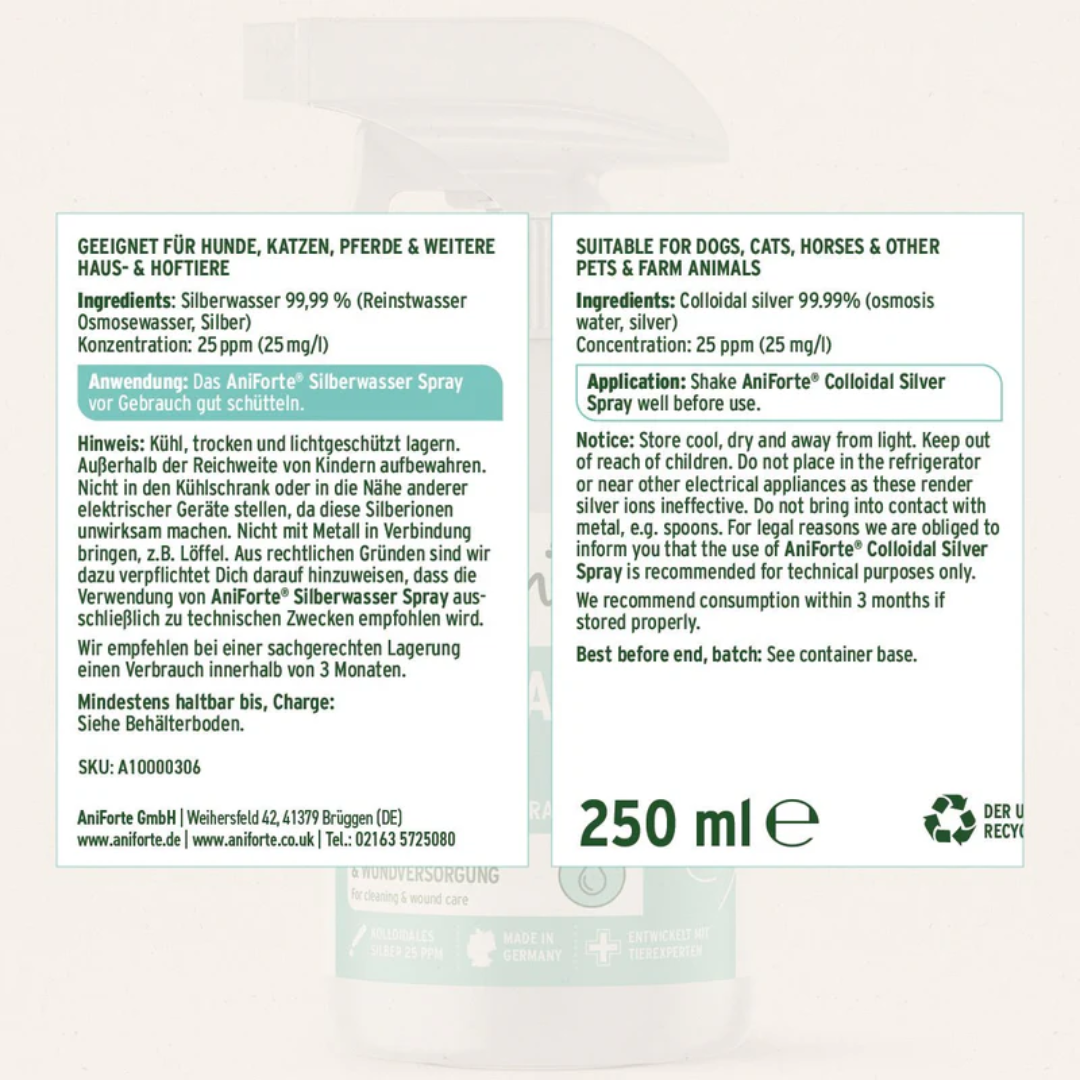 The label off of the The Aniforte Silver Water Spray.