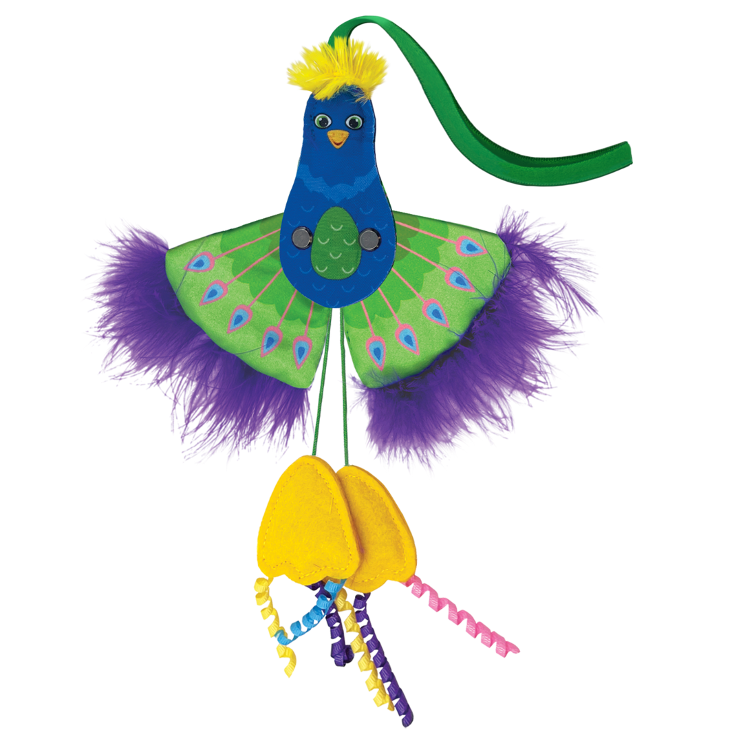 Kong Connects Peacock Cat Toy against a white background. It has a mechanism that makes the wings flap if you pull on it's legs.