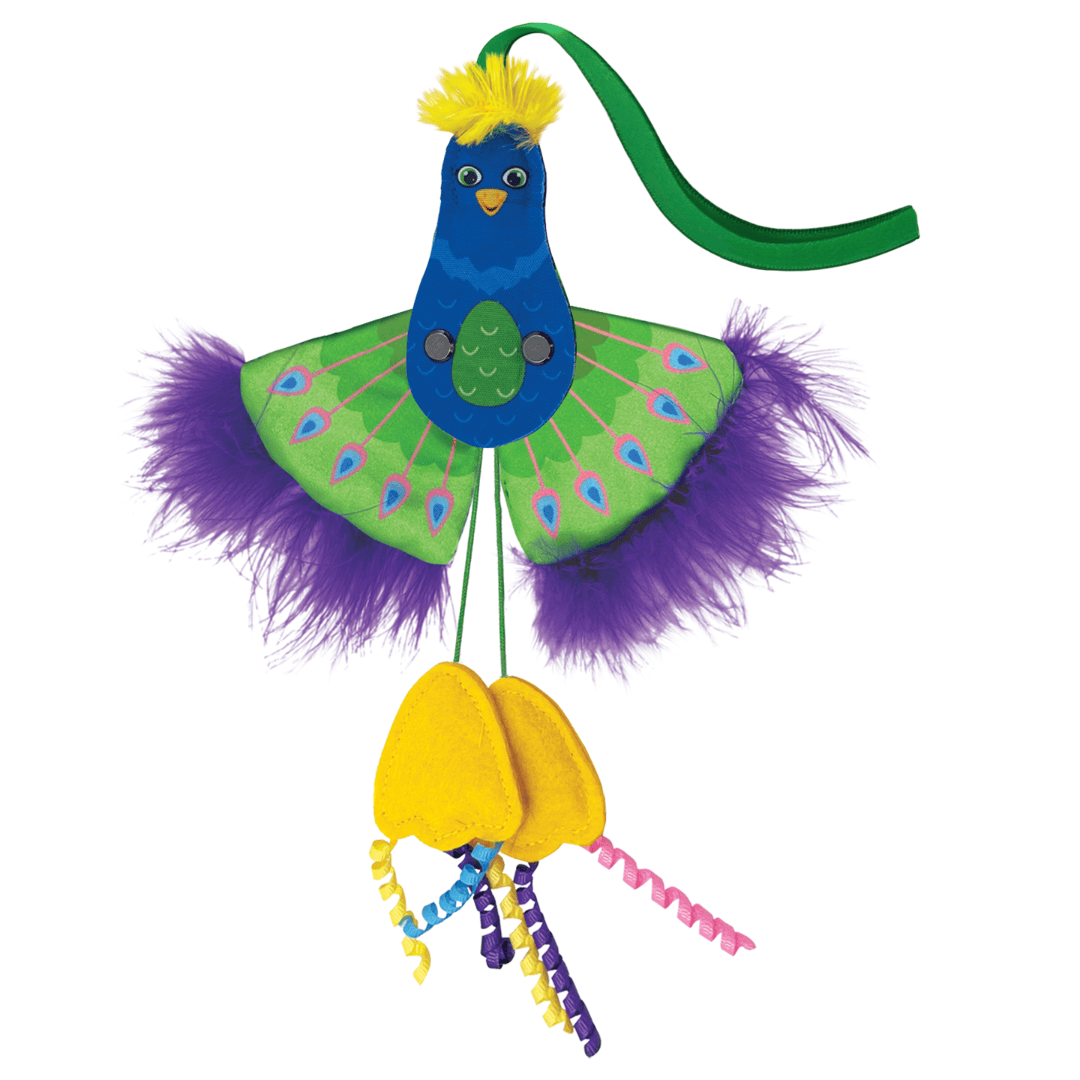 Kong Connects Peacock Cat Toy against a white background. It has a mechanism that makes the wings flap if you pull on it's legs.