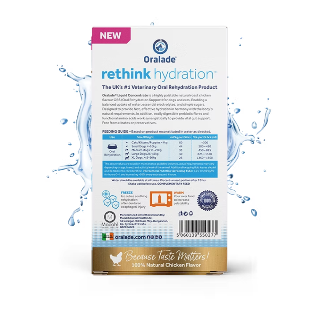 The back of the Oralade Advanced GI+ Liquid Concentrate 50ml 6x sachets box, against a white background. There is a splash of water surrounding the box.