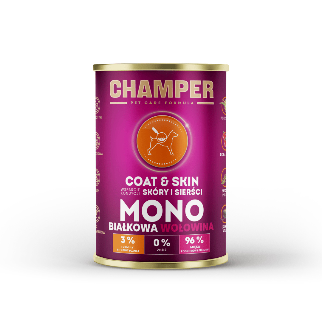 Champer Skin and Coat Beef wet dog food.