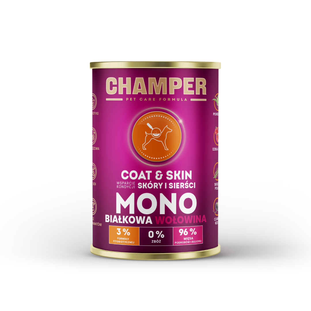 Champer 96% meat coat and skin wet dog food.