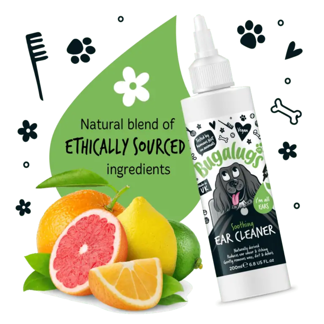 Bottle of Bugalugs Ear Cleaner with fruit and text saying "Natural blend of ethically sourced ingredients".