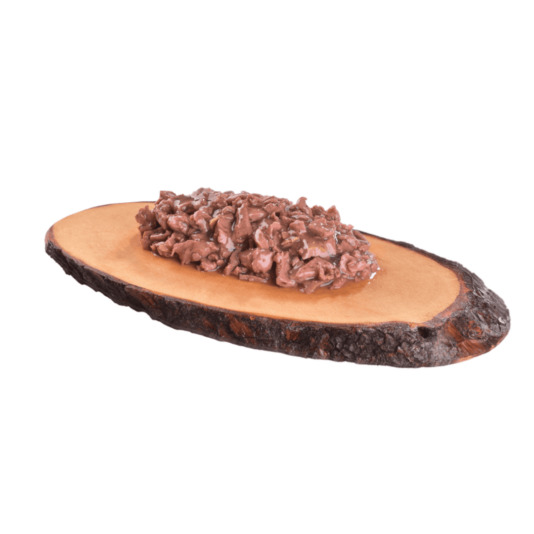 Carnilove Turkey with Valerian Root Cat Food served on a wooden slate. With small chunks and a delicious broth.