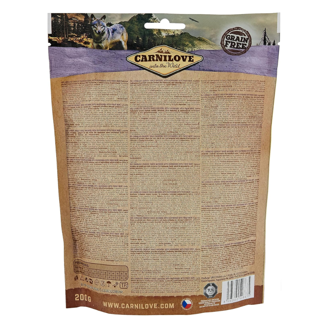 The back of the packaging of the Carnlilove mackerel and raspberries dog treats.