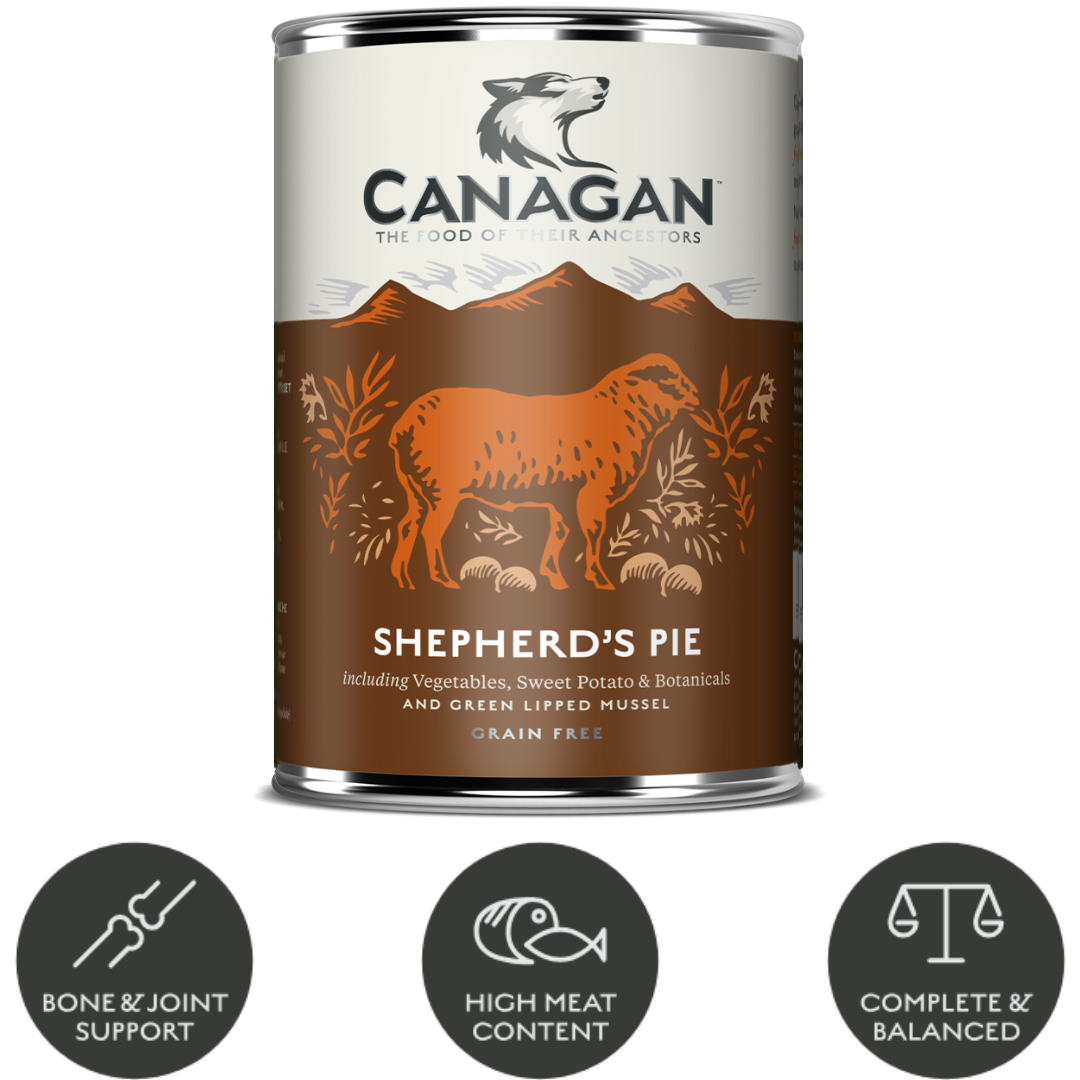 Canagan Shepherd's Pie Wet Dog Food 400g with some key benefits of the food in bubbles underneath.