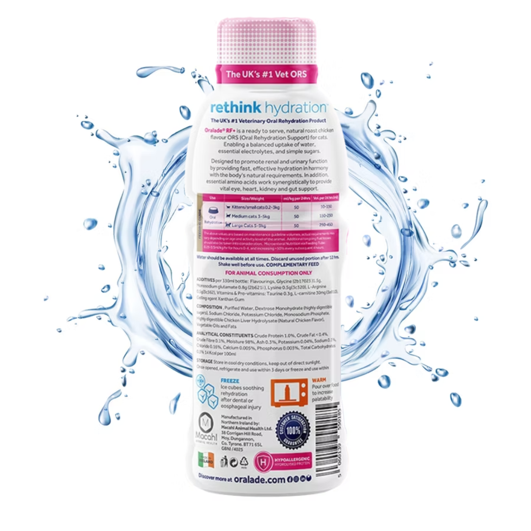 The back of the Oralade Advanced RF+ for cats against a white background. There is a splash of water surrounding the bottle.