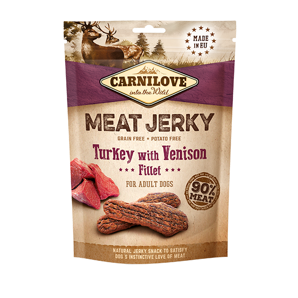 Carnilove Turkey with Venison jerky dog treats. The packaging is against a white background.