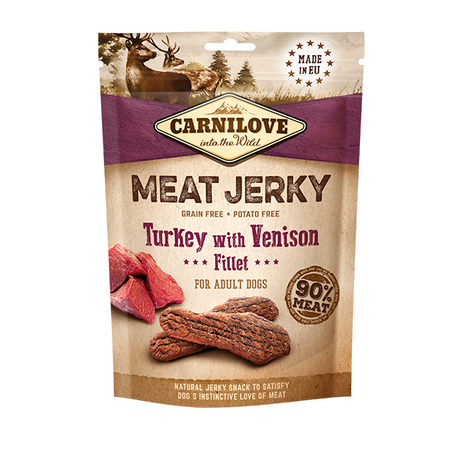 Carnilove Turkey with Venison jerky dog treats. The packaging is against a white background.