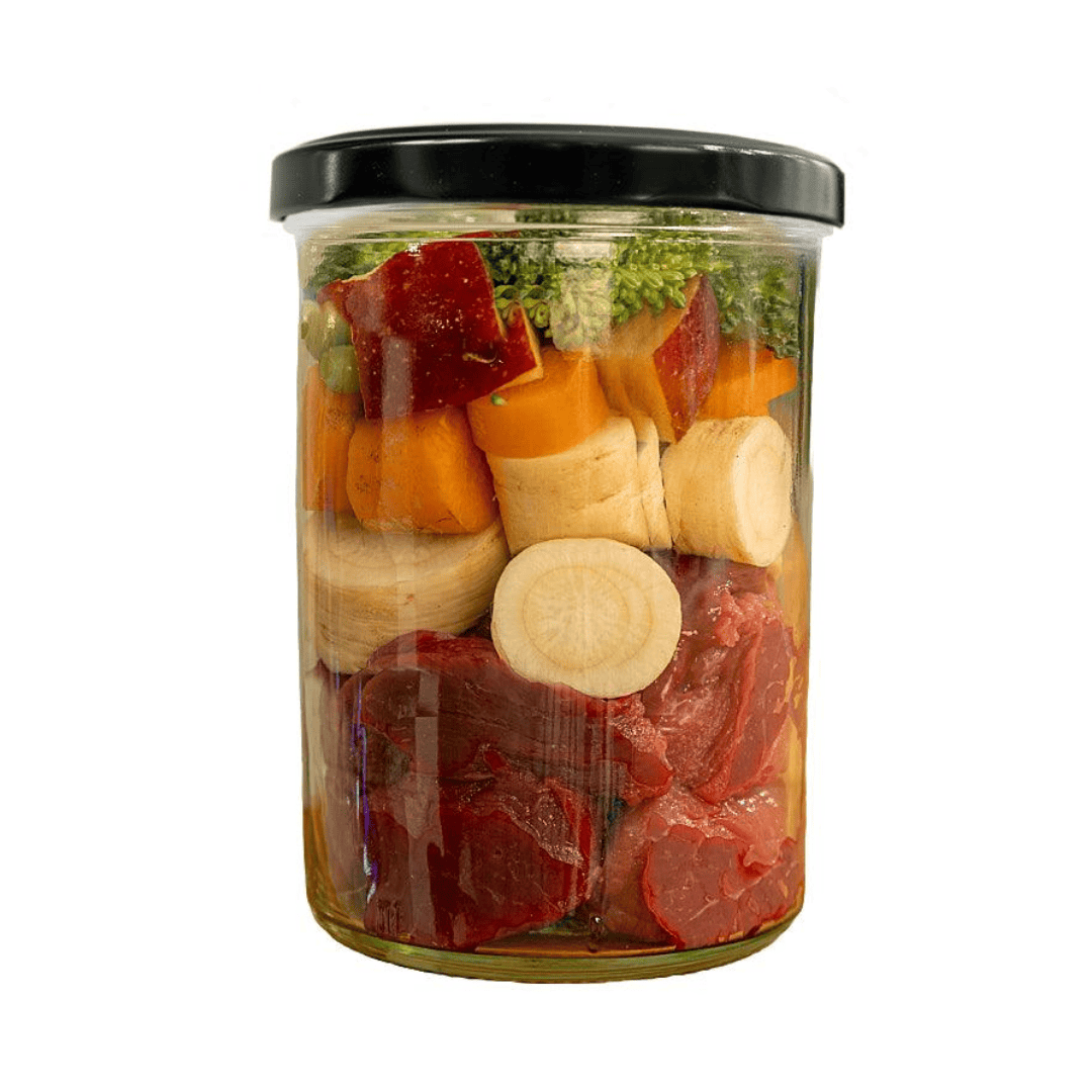 The ingredients of cooked horse menu jar raw displayed in a jar.