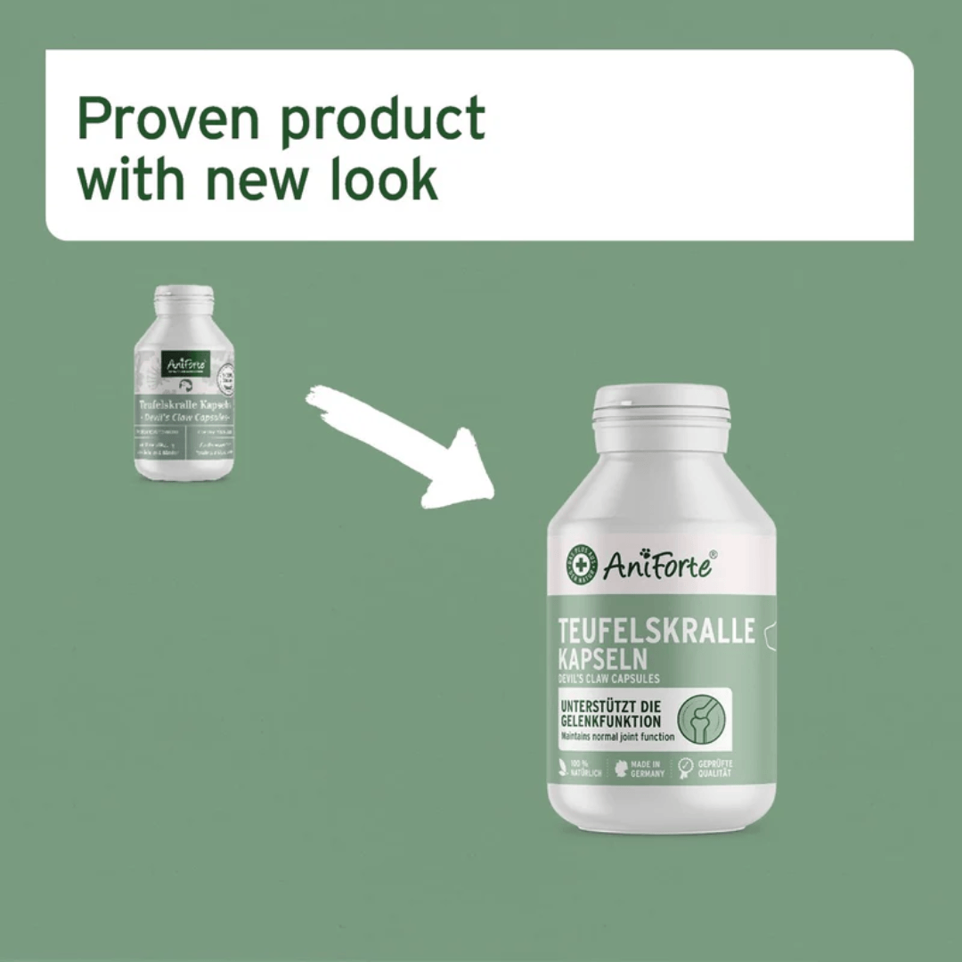 The old and new packaging for the Devil's Claw Capsules by Aniforte