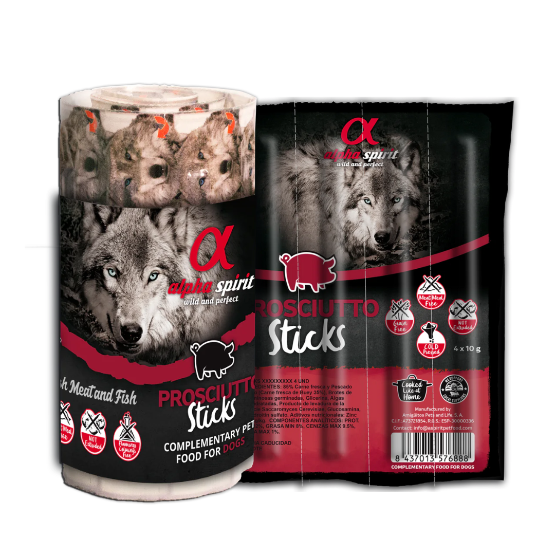 Alpha Spirit Prosciutto Sticks Dog Treats 16 and 4 packs against a white background