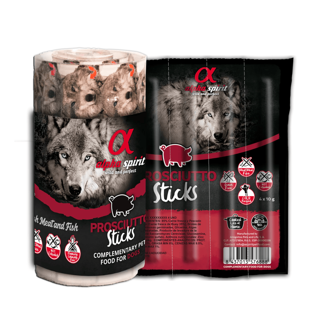 Alpha Spirit Prosciutto Sticks Dog Treats 16 and 4 packs against a white background