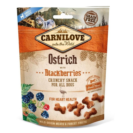 Carnilove Crunchy dog Treats Ostrich with Blackberries. Packaging is against a white background.