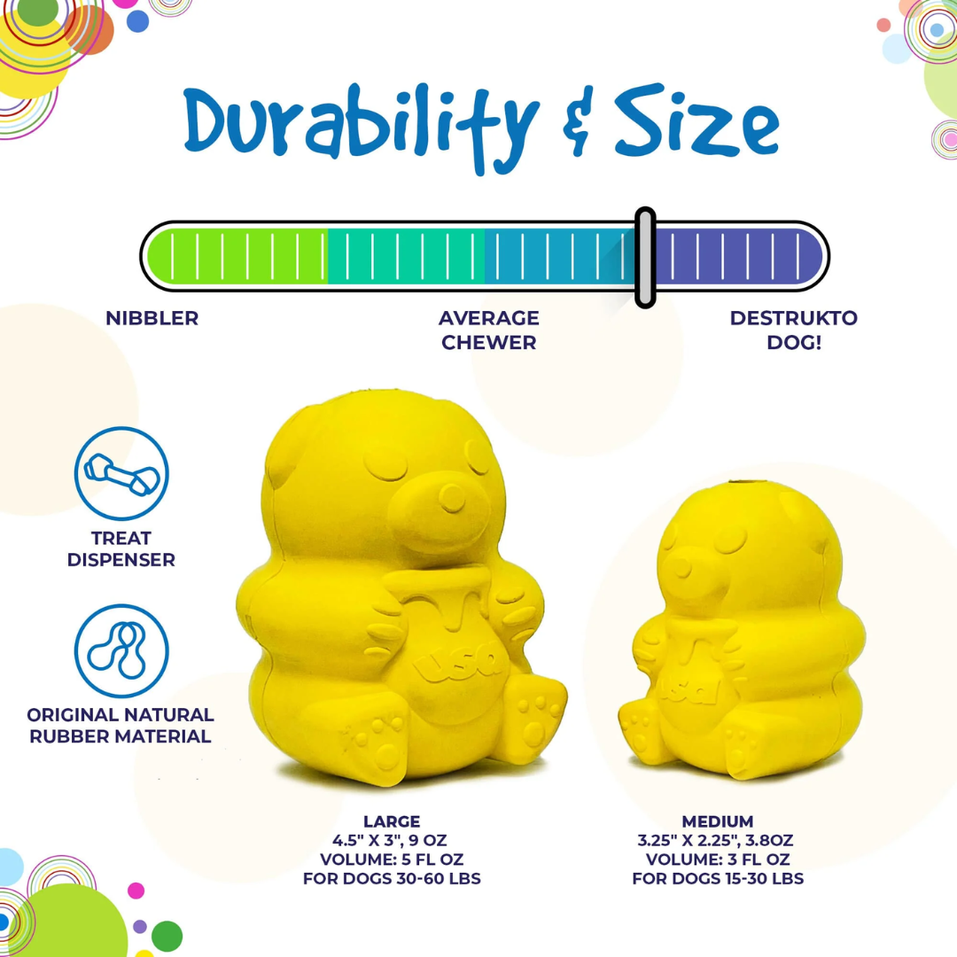 An infographic showing the size and durability of the Sodapup Honey Bear Chew Toy. It is high on the durability scale